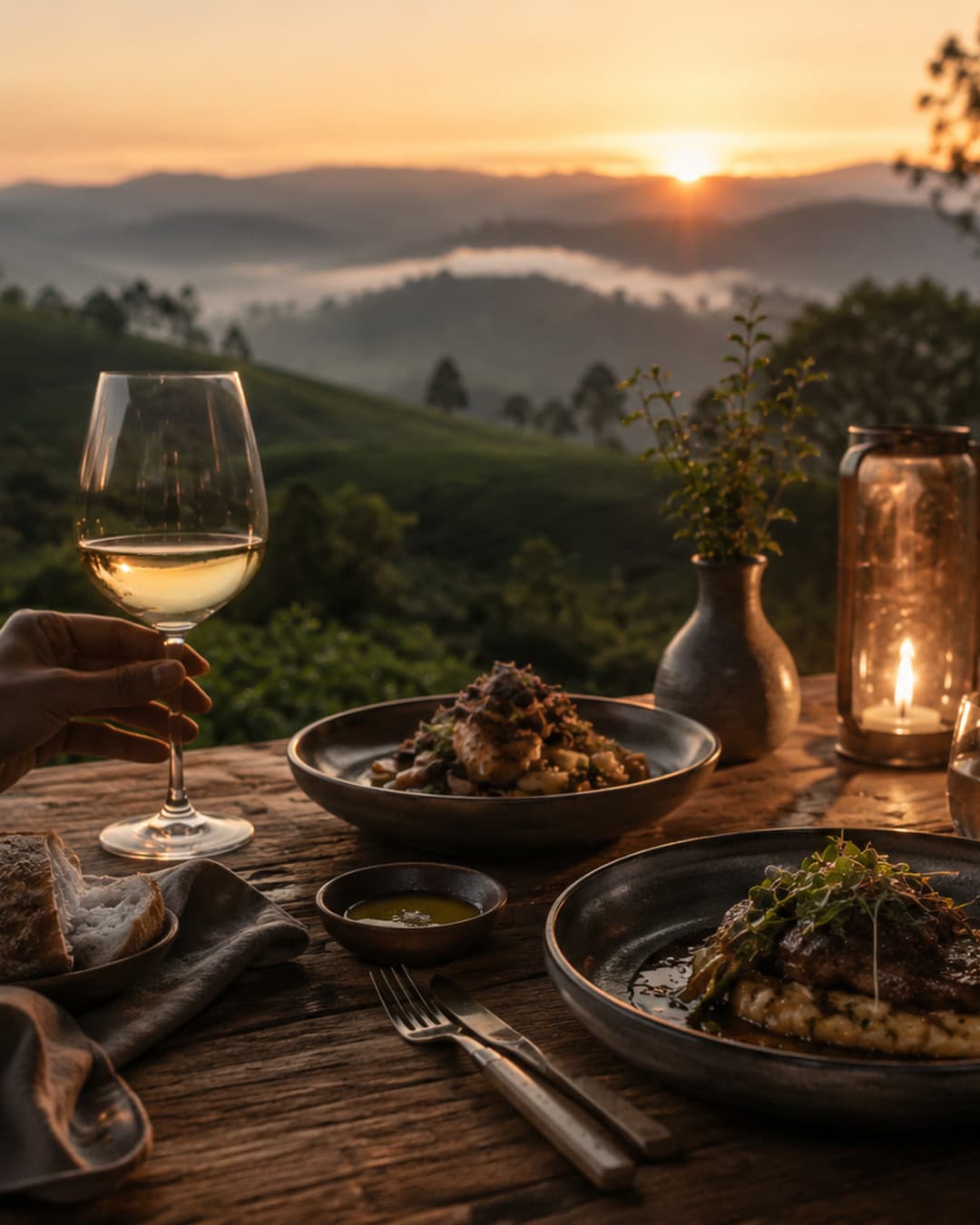 A celebration table by candlelight at sunset