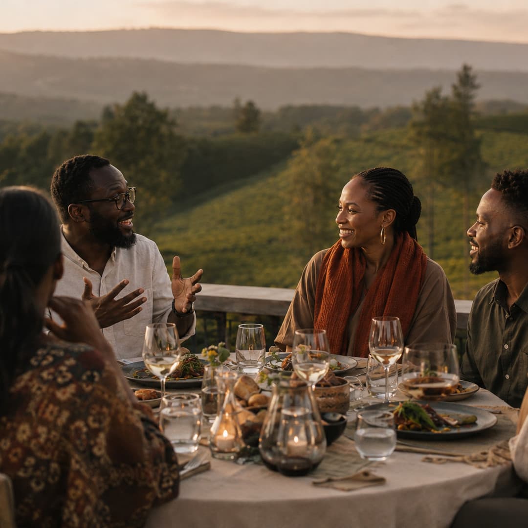 The large table on the deck, set for a team